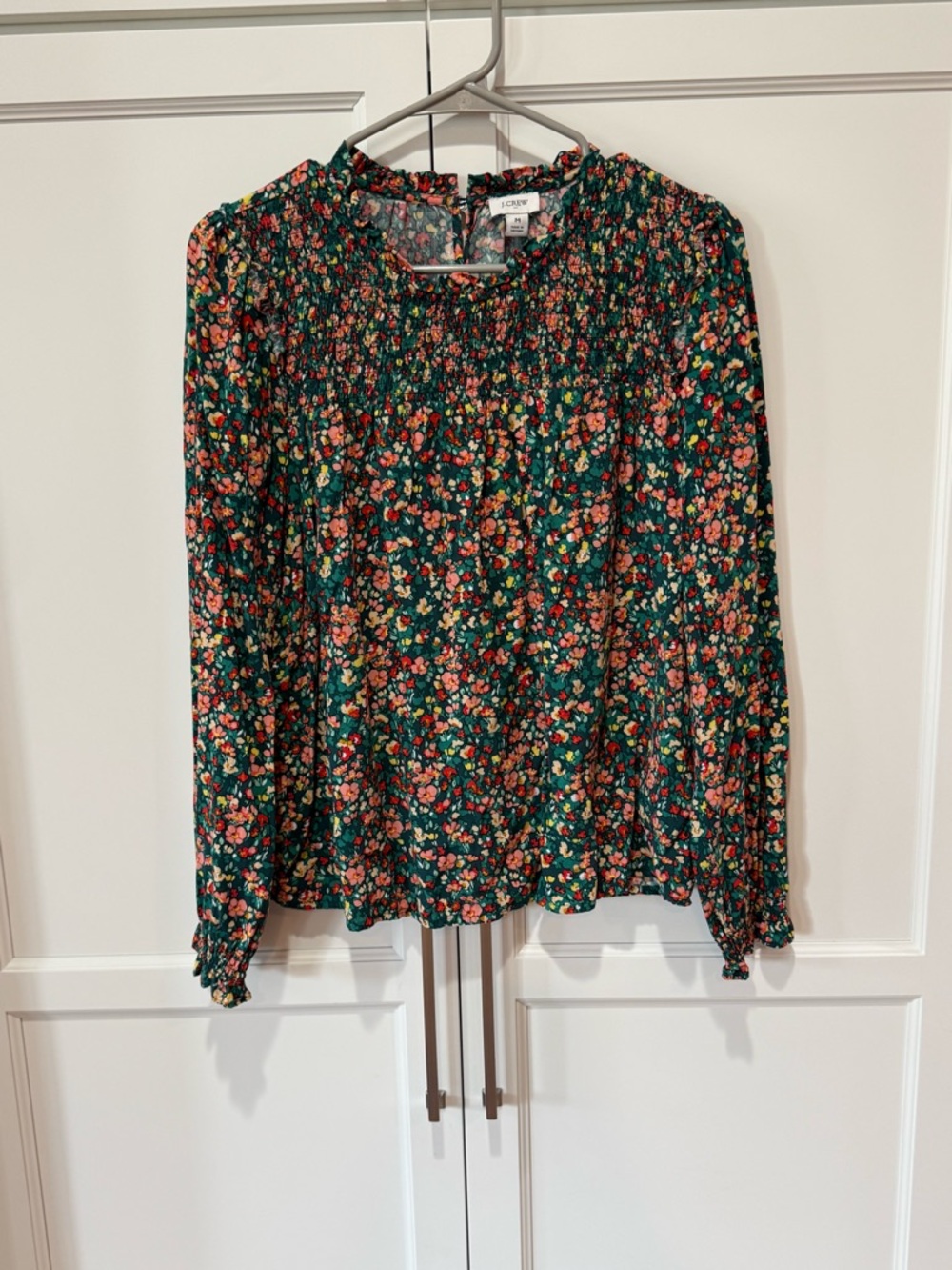 J Crew Green Floral Smocked Long-Sleeve Blouse